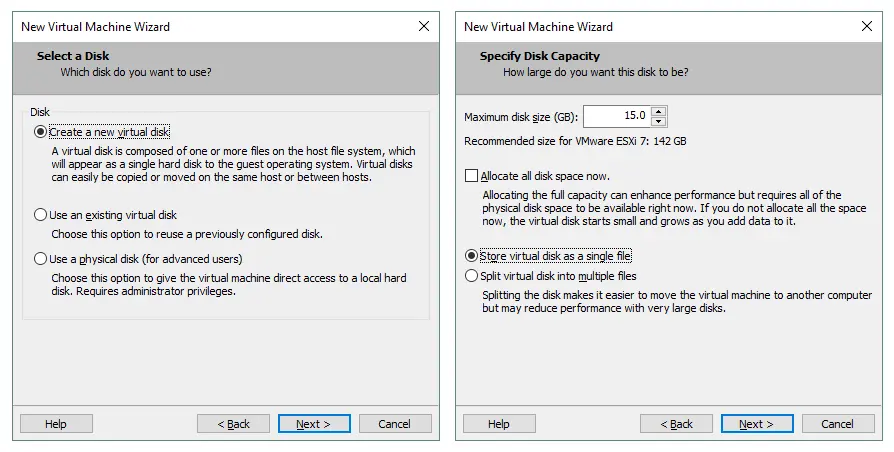 Creating a new 15-GB virtual disk for ESXi installation