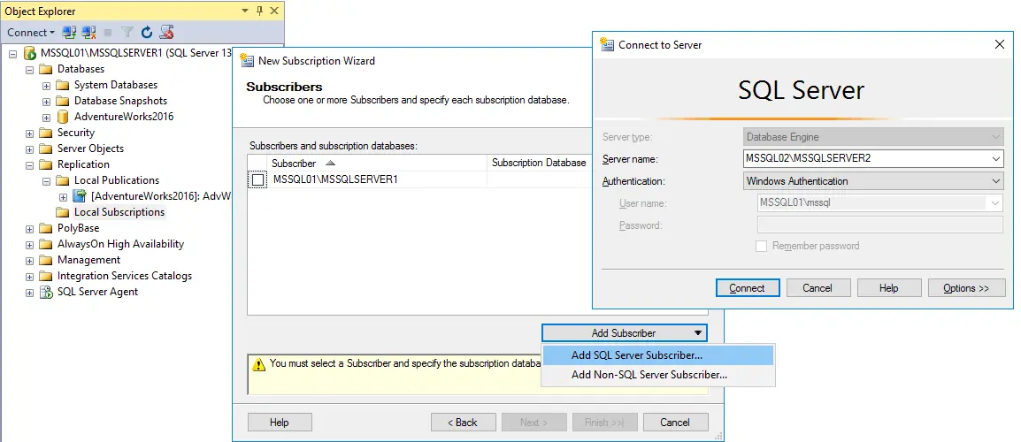 Adding MS SQL Server subscriber