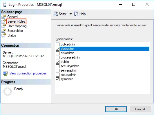 Enabling the dbcreator role for mssql user