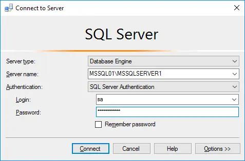 Log into MS SQL Server instance by using SQL Server authentication