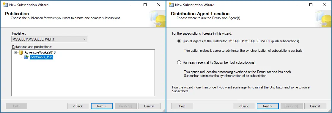 Selecting the publisher and distribution agent location