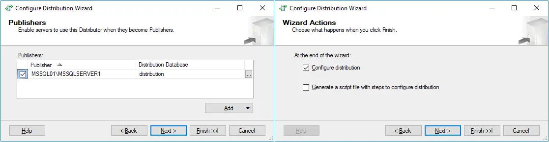 Selecting the Publisher and the distribution database