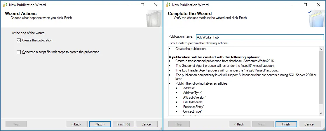 Selecting wizard actions and completing the wizard