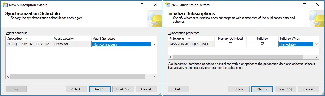 Synchronization schedule options and initialize subscription options