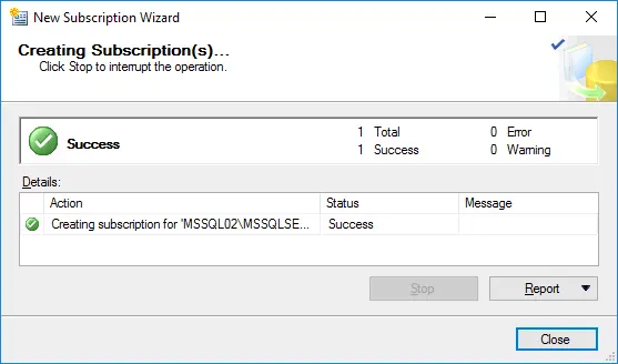 The progress of creating subscriptions and the action status