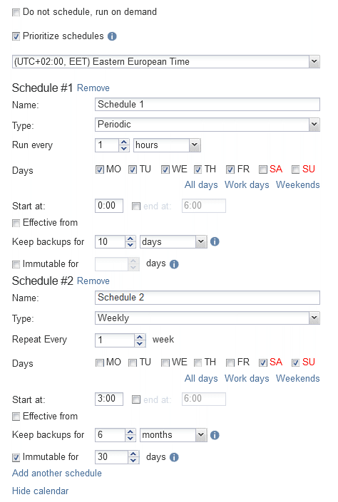 Configuring multiple scheduling and retention rules