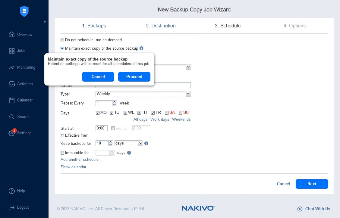 Retention settings for a backup copy job