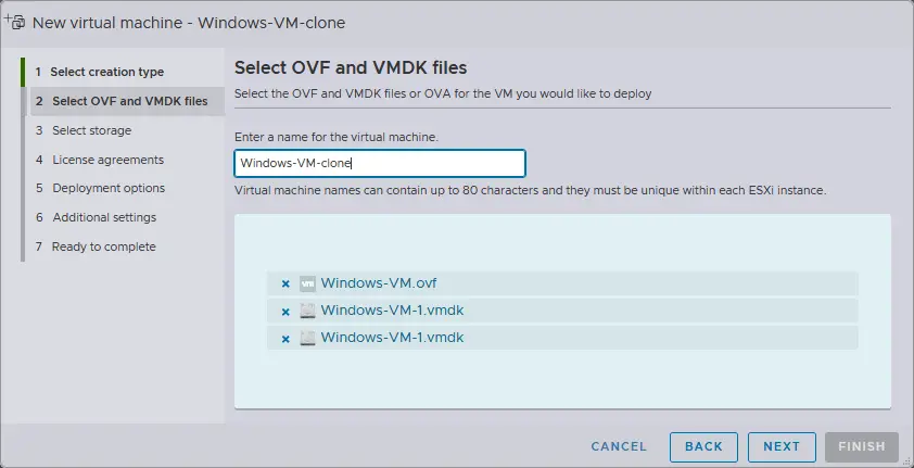 Entering a VM name and selecting the OVF template files