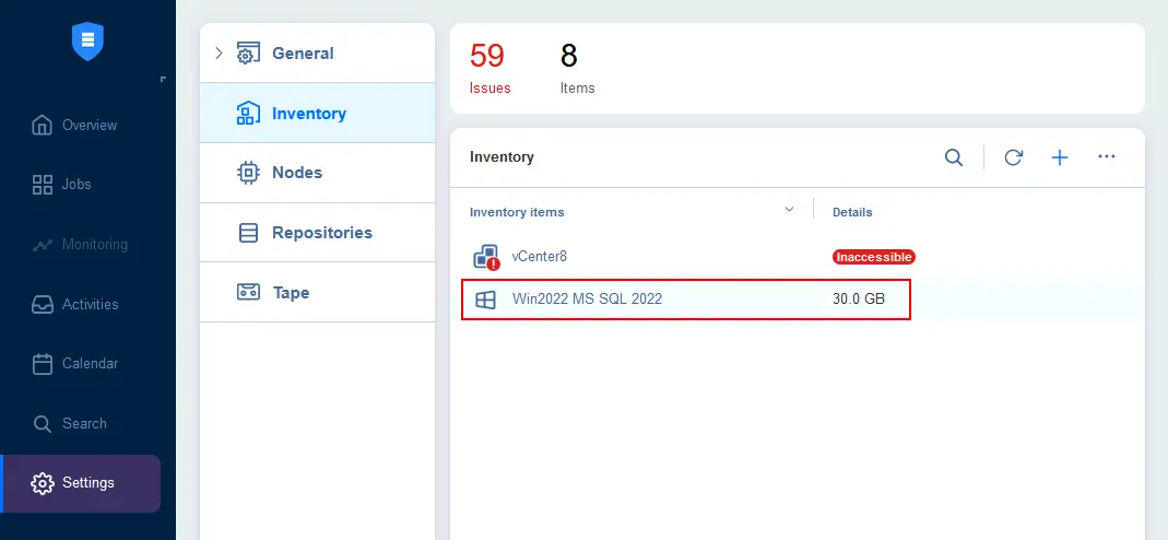 A machine with MS SQL Server is added to the inventory