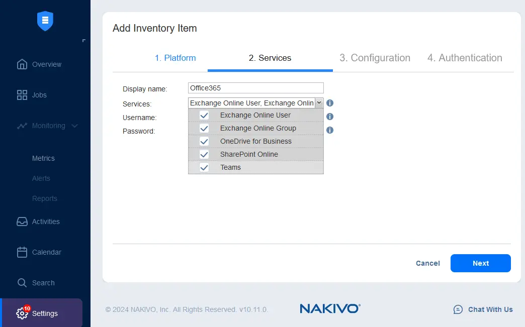 Adding Microsoft 365 services to the inventory