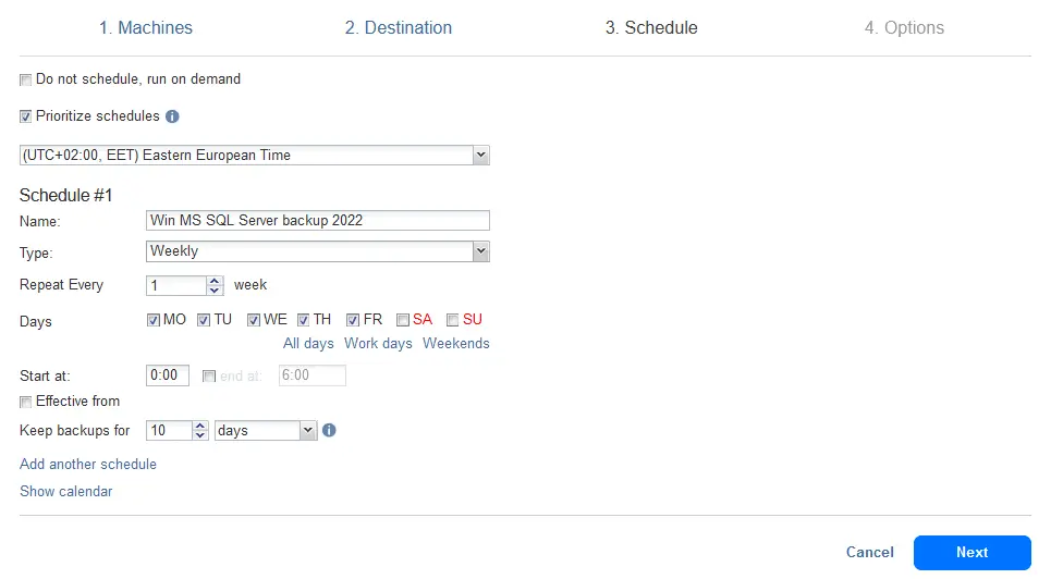 Configuring a backup schedule for MS SQL Server