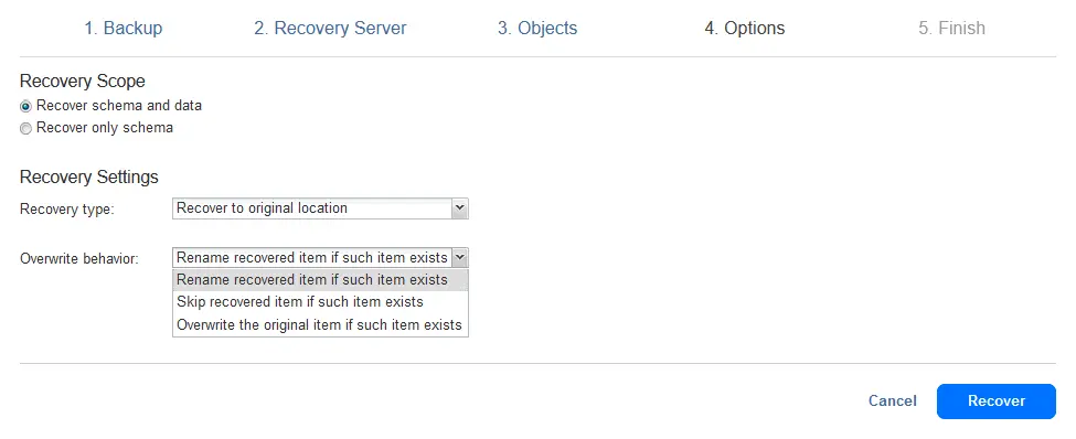 Configuring MS SQL database recovery options in NAKIVO Backup & Replication