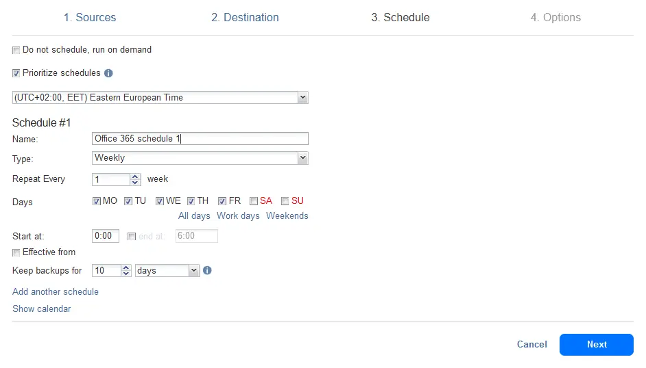 Configuring scheduling and retention options