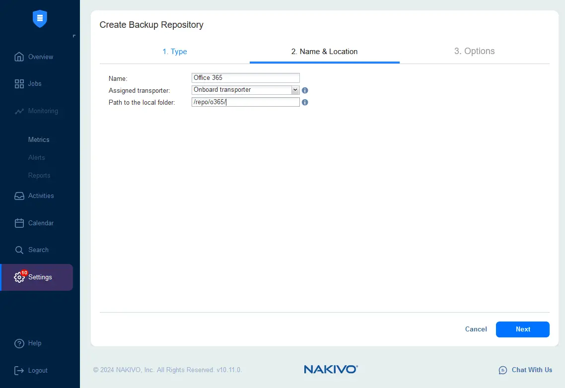 Creating a backup repository for Microsoft 365
