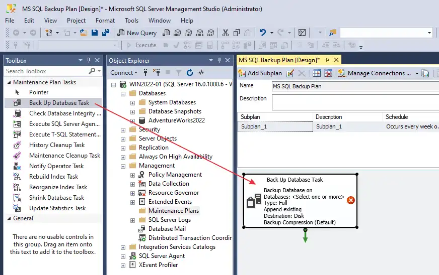Drag and drop the Back Up Database Task from the Toolbox