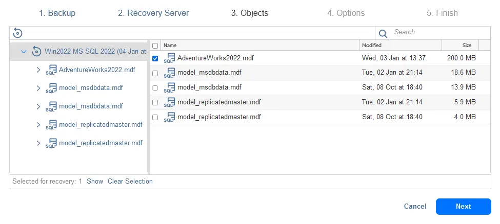 Selecting a database file from a backup