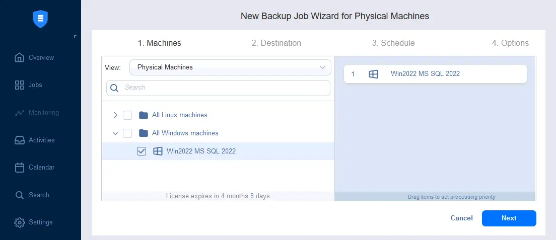 Selecting a machine running MS SQL Server to back up