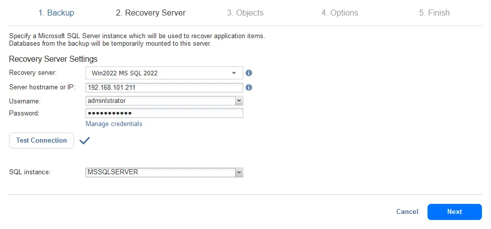 Selecting a recovery server for an MS SQL database