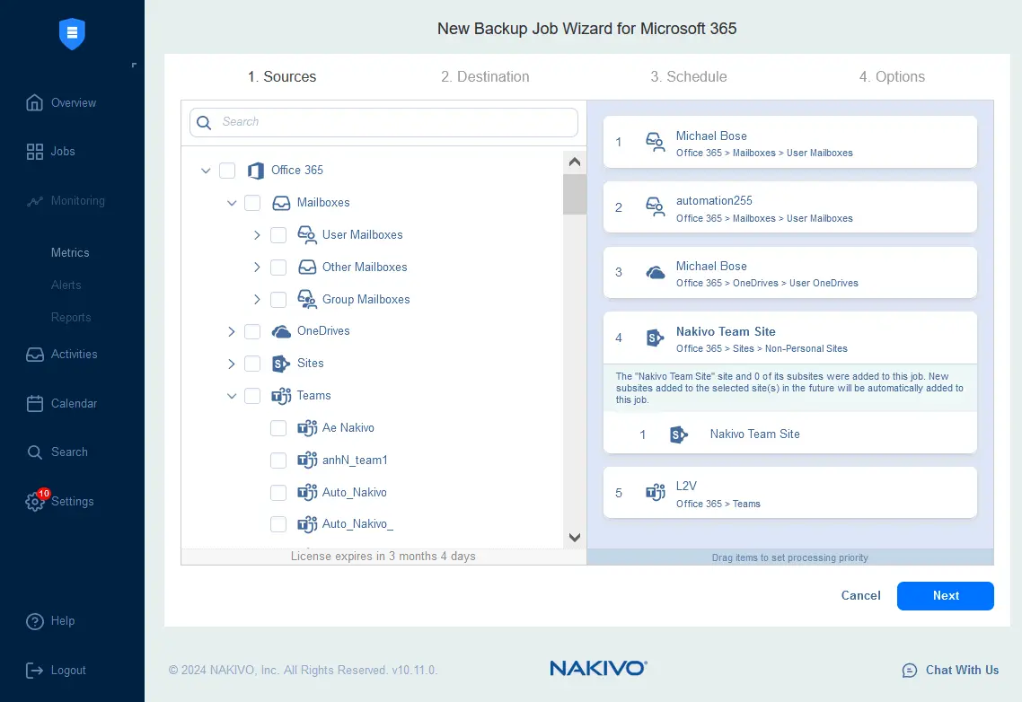 Selecting Microsoft 365 objects to back up