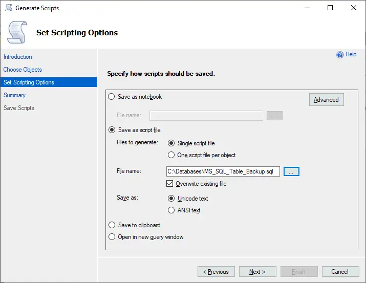 Setting the scripting options
