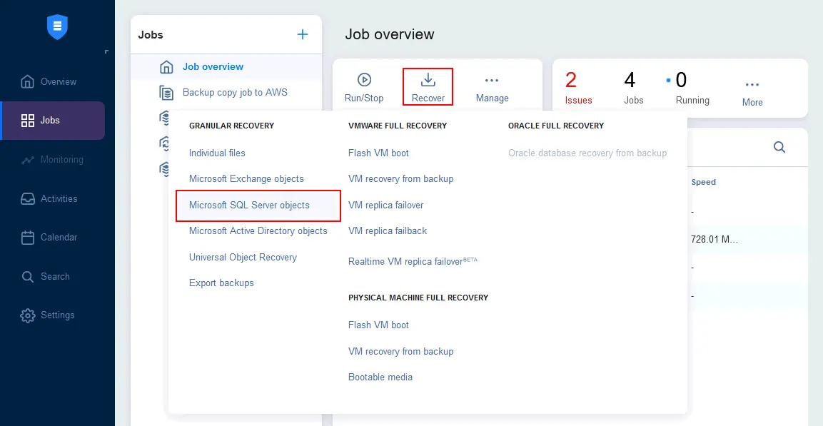 Starting to recover Microsoft SQL Server objects from a backup