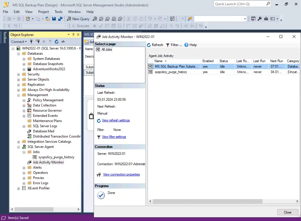 Viewing an MS SQL database backup status in the Job activity monitor