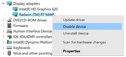 Disabling a video card in a Device Manager