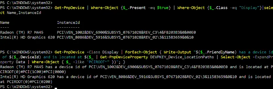 Identifying the location path of the video card in PowerShell