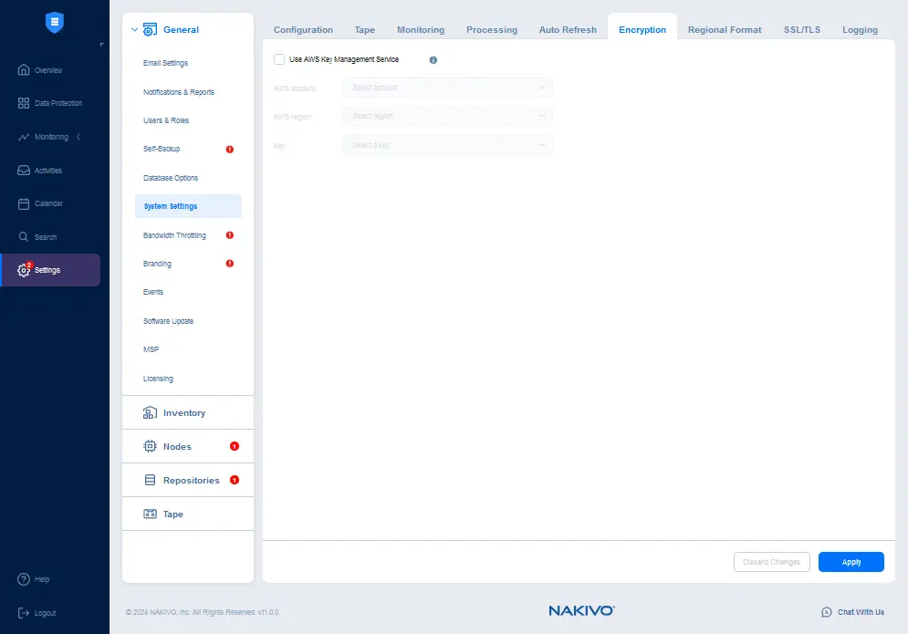 AWS Key Management settings in the NAKIVO solution