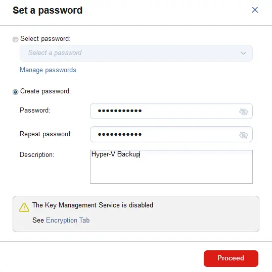 Entering a password for the current backup