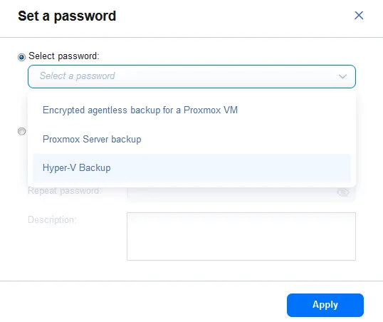 Selecting the entered password to encrypt the current backup