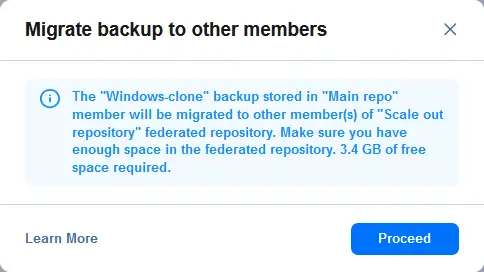 A notification message is displayed before starting a migration