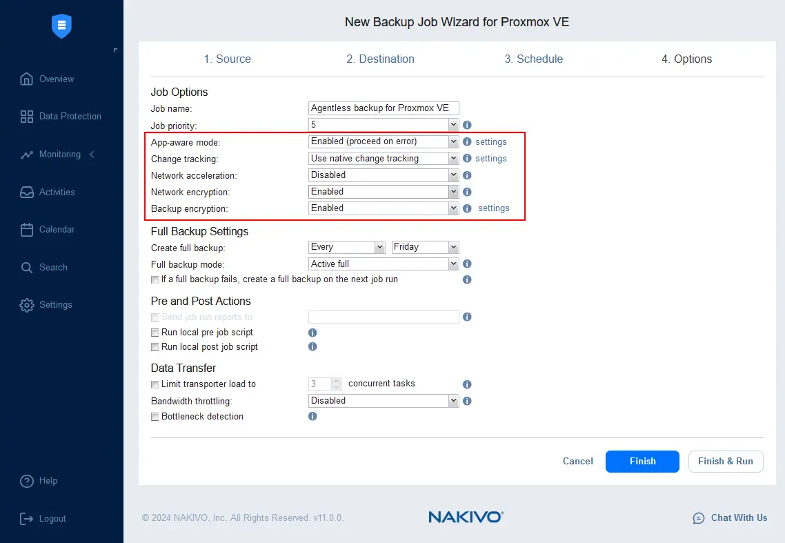 Configuring job options for agentless backup
