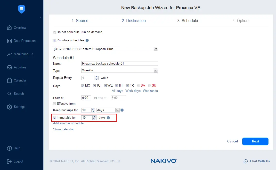 Configuring scheduling and retention settings