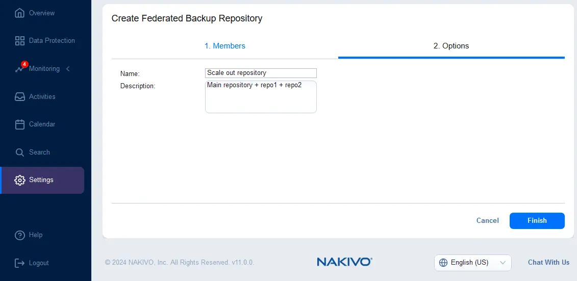 Configuring the options for a federated backup repository