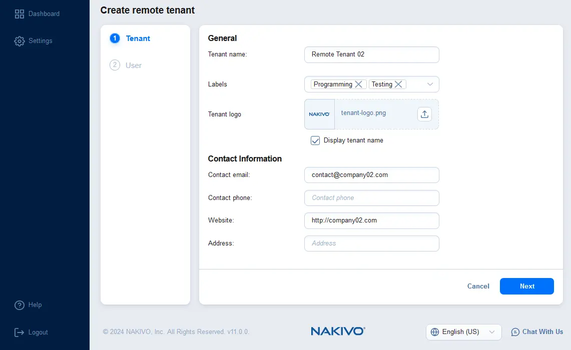 Entering the details to create a remote tenant
