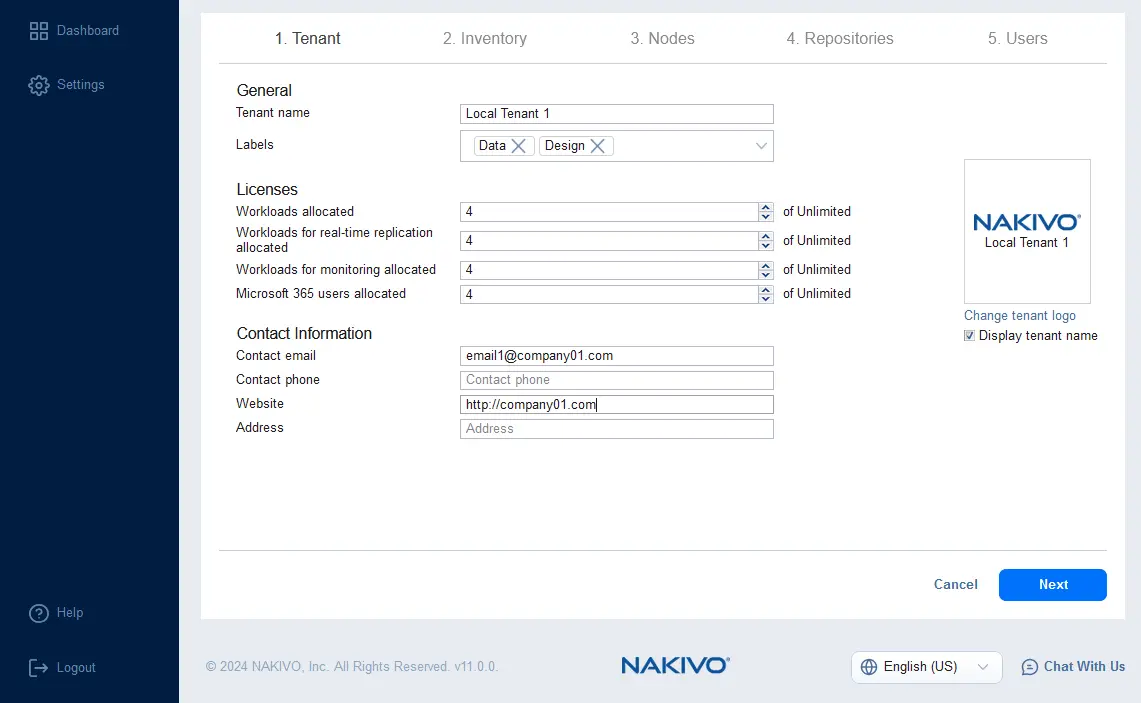 Entering the local tenant details