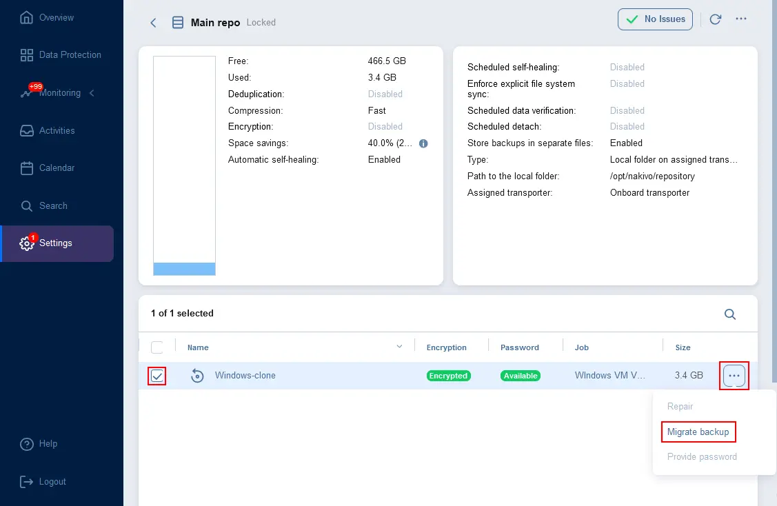 Migrating a backup from a federated repository member to another
