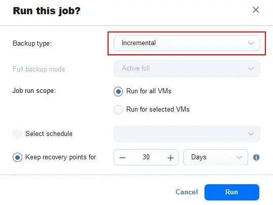 Running an incremental backup job for a Proxmox VM