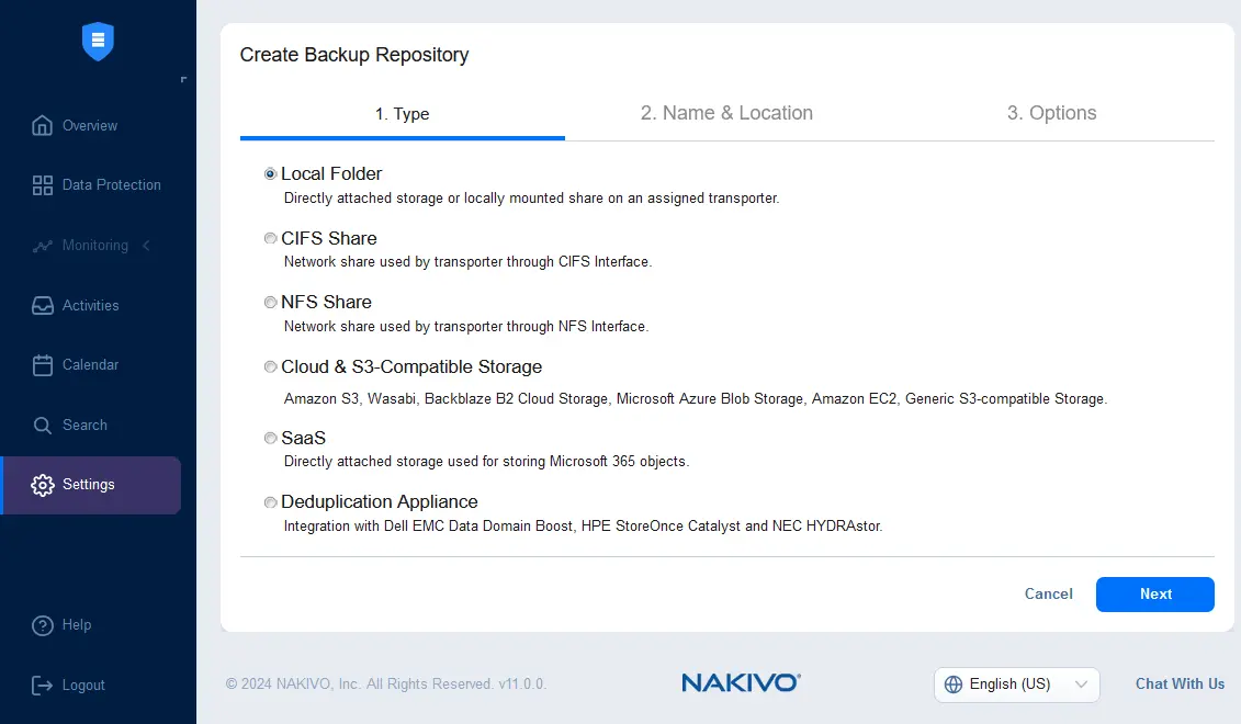 Selecting a backup repository type