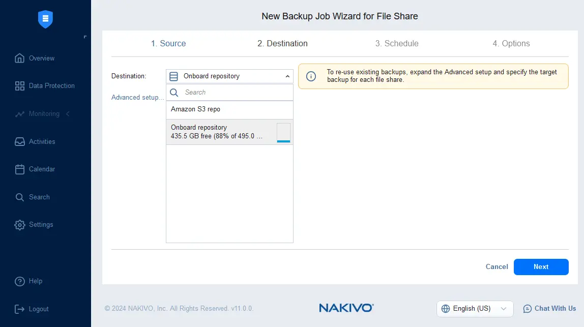 Selecting a destination backup repository