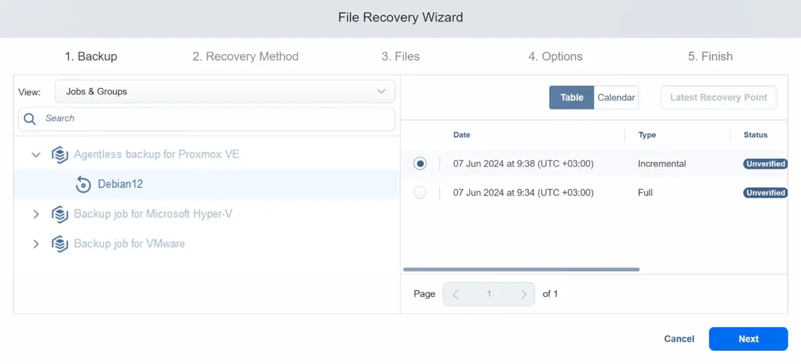 Selecting a Proxmox VM to recover its data