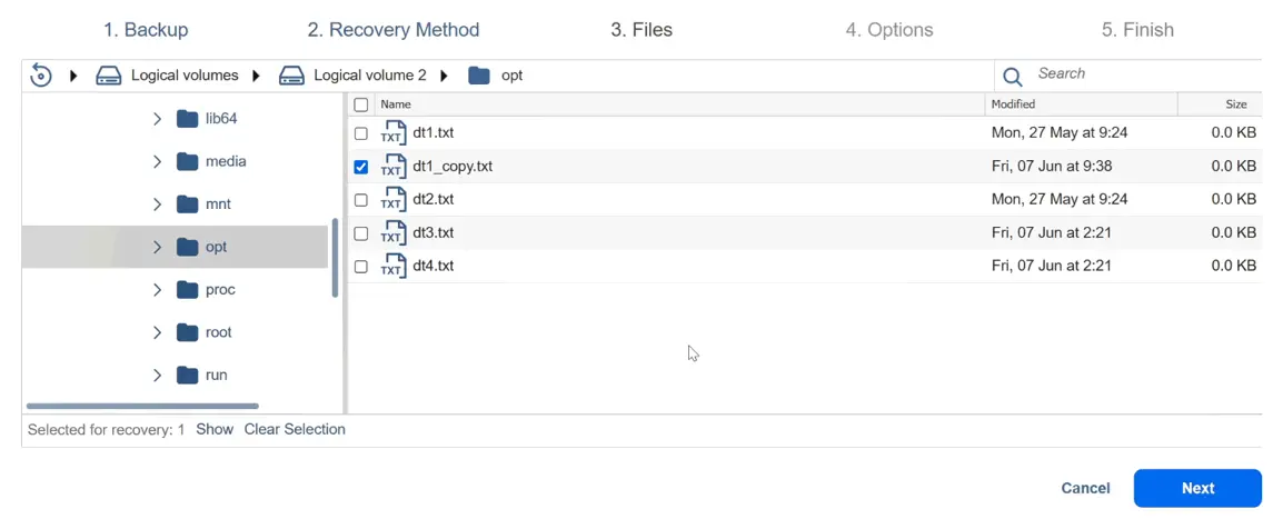 Selecting files to recover from a Proxmox VM backup
