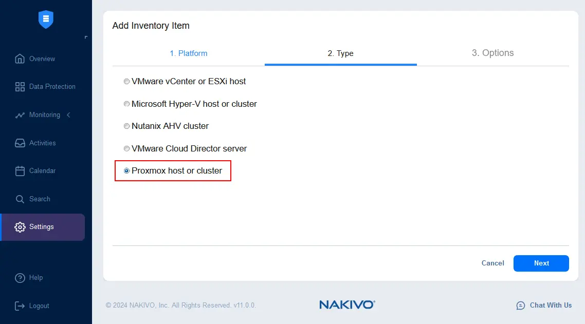 Selecting the Proxmox host or cluster type