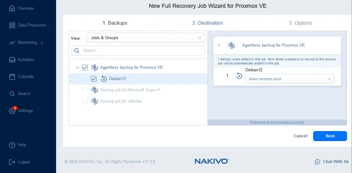 Selecting virtual machine backups and recovery points