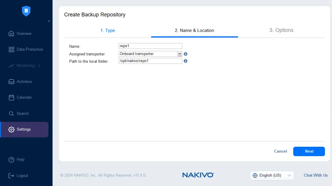 Setting the name and location of the backup repository
