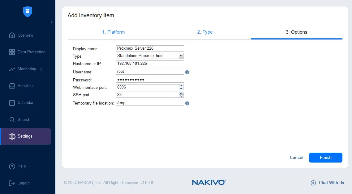 Specifying Proxmox host details