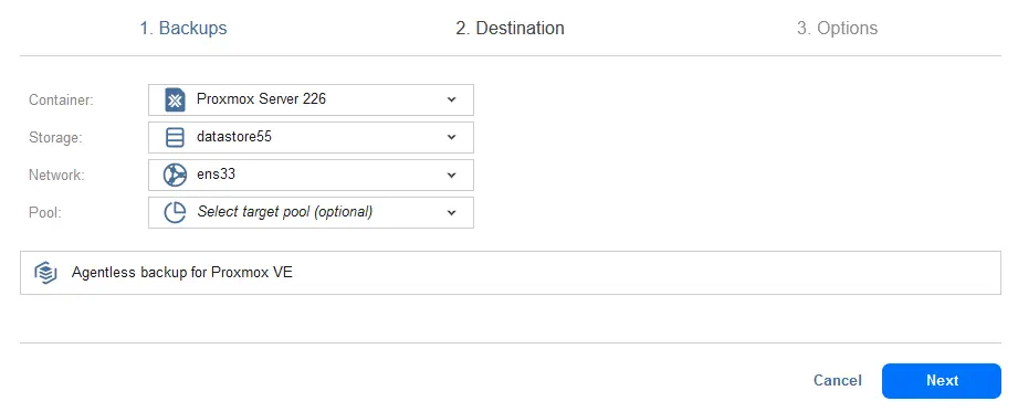 Specifying the destination for Proxmox VM recovery