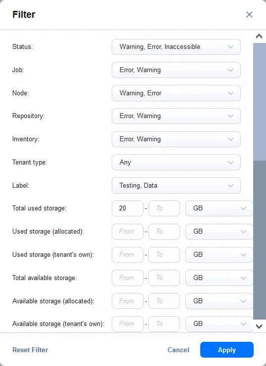 Using a filter to display specific data in the MSP dashboard