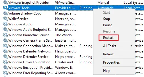 Restarting the VMware Tools service in Windows
